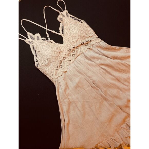 ~ Boho Sundress Le Miel Crochet Med Beachy Tan Mini Slip Dress Layered Bralette - Picture 3 of 16